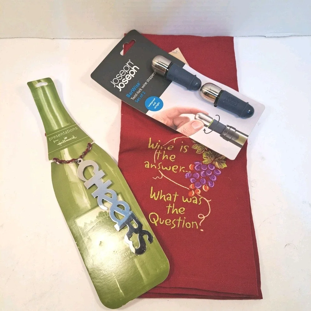 Wine Themed Bundle KITCHEN/BAR TOWEL WINE STOPPER BOTTLE TOPPER